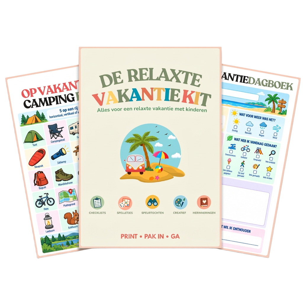 Mockup van De Relaxte Vakantie Kit met cover, Camping Bingo en Mijn vakantiedagboek